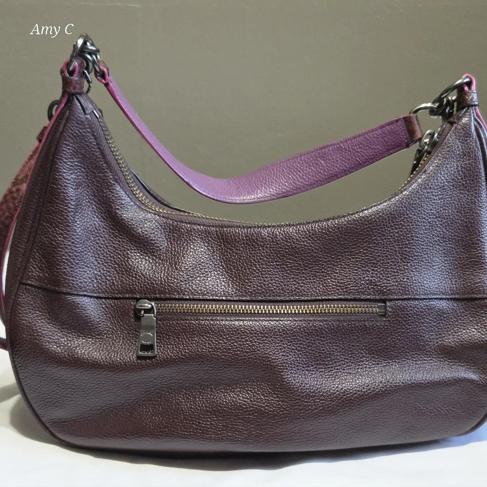 Coach Dark Purple Leather Hobo With Pink Piping & Snakeskin Look Is A Head Turer - Picture 2 of 10